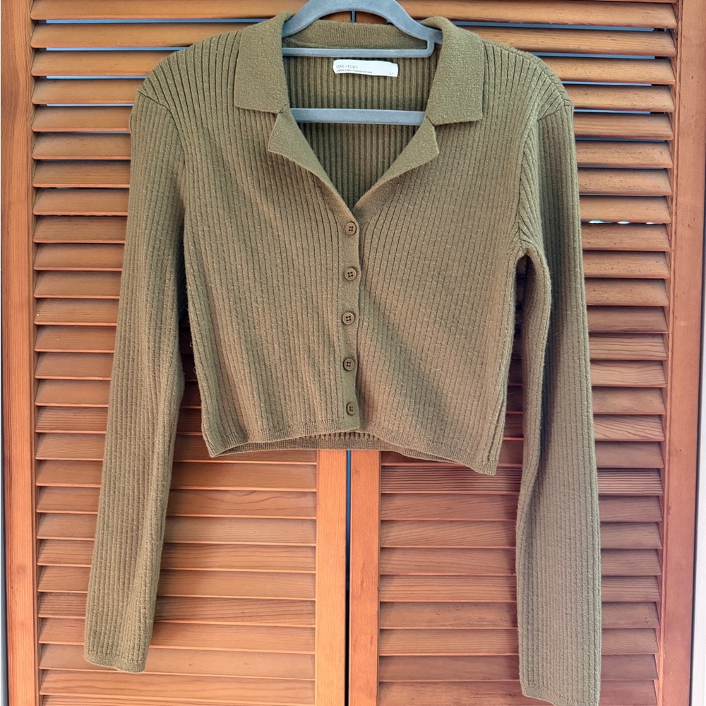 OAK + FORT Collard Ribbed Button-Up Cardigan - Mossy Green